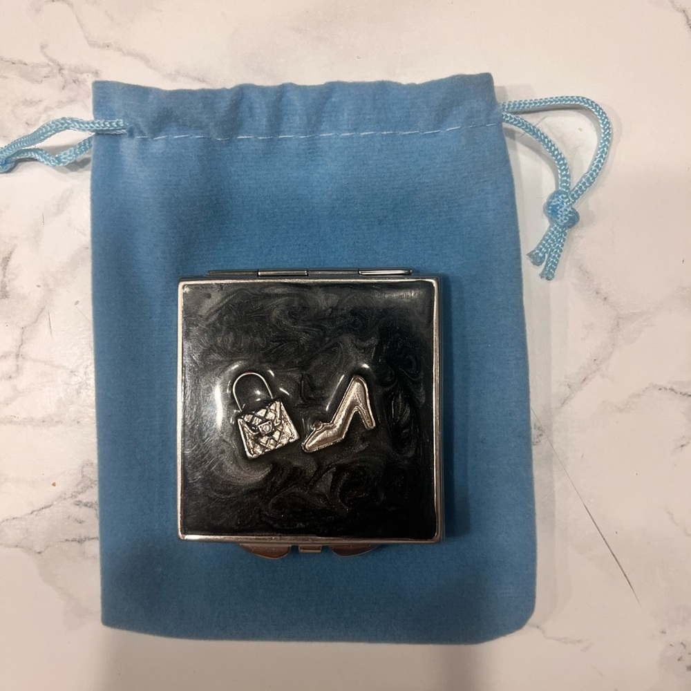 Silver Compact Mirror with Shoe and Bag Design